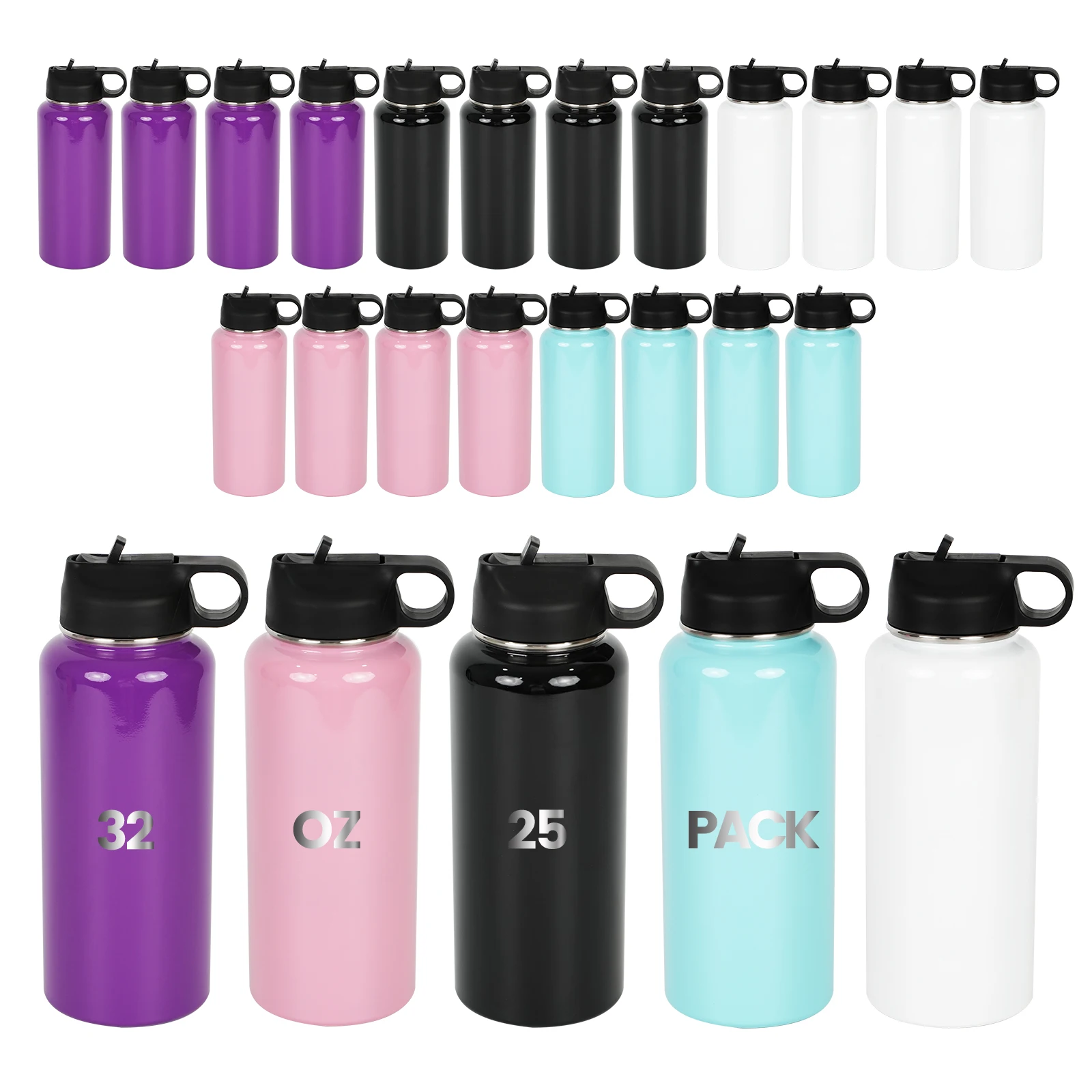 32OZ Powder Coated Sport tumbler-Straight & Large,Vacuum Insulated Water Bottle with handle Cover,Perfect for Engraving,25 Pack