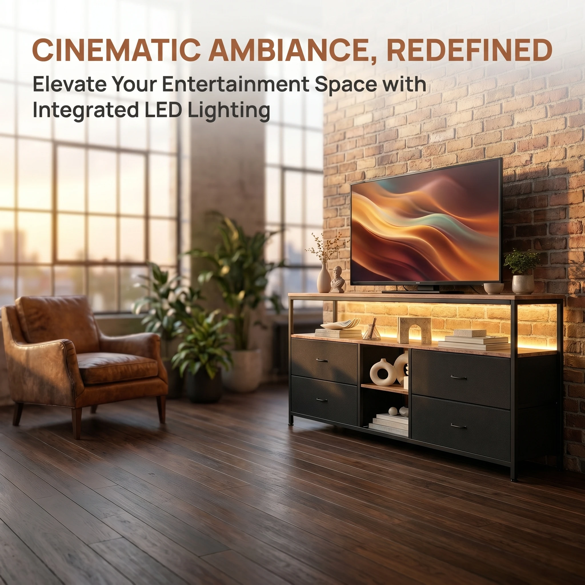 Mueble para TV de 108 cm con luces LED, unidad de cajones de tela con 4 cajones y 2 estantes abiertos, adecuado para salas de estar y dormitorios, compatible con televisores de 55/60/65 pulgadas
