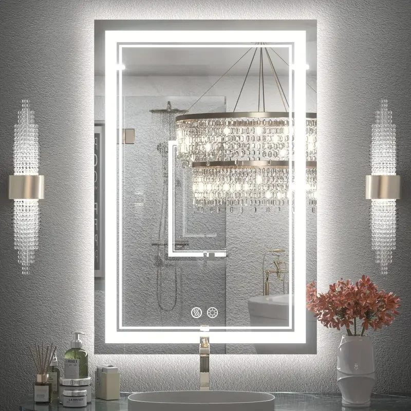 LED Bathroom Mirror with Lights, 24 X 16 Inch Front and Backlit Vanity Mirror, Dimmable Anti-Fog Smart Mirror, Touch Control, Plug in or Hardwired
