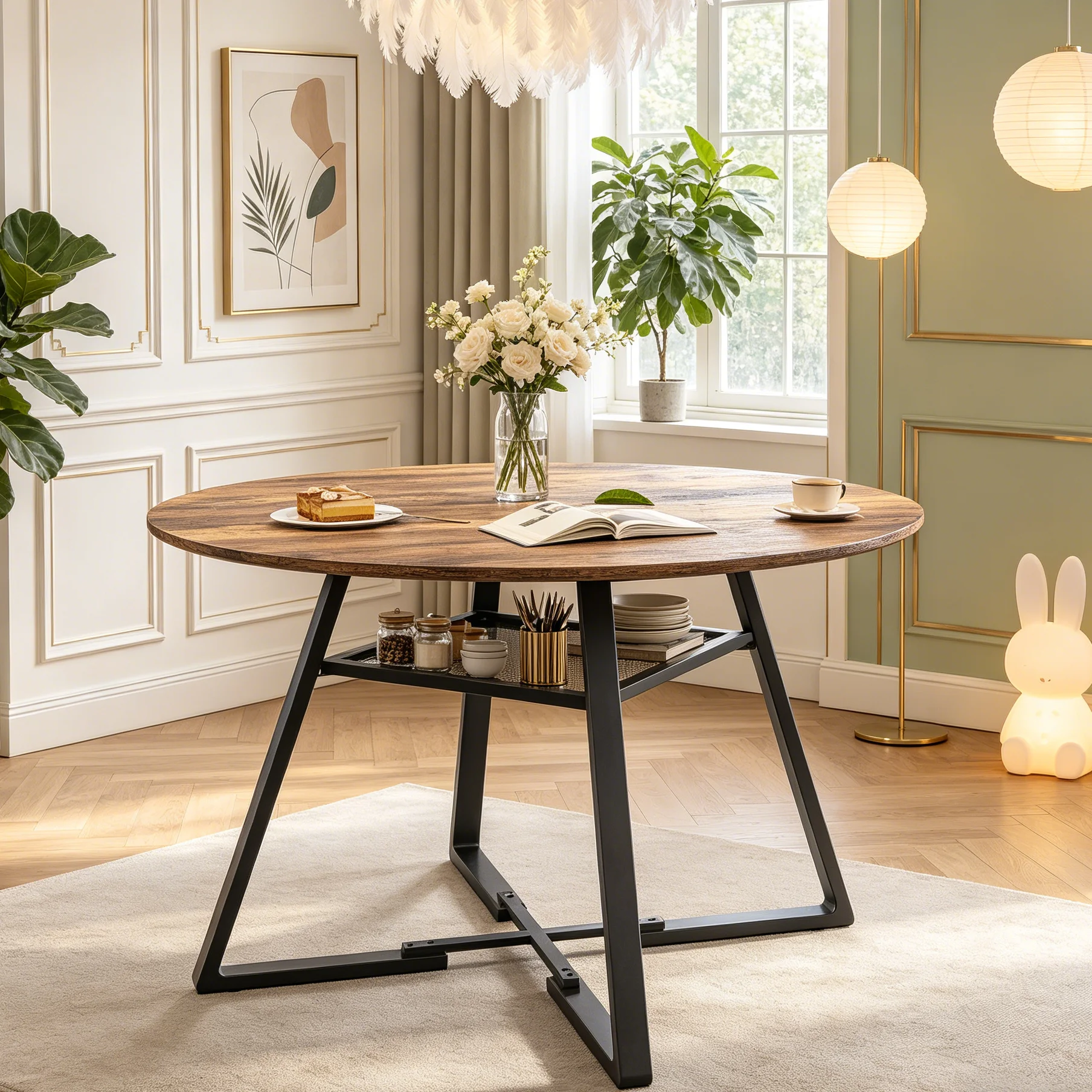 Mesa de comedor redonda, mesa de cocina de madera con patas de metal negro para 4-6 personas, mesa redonda grande con estante de almacenamiento, mesa de comedor de estilo industrial para cocina, comedor y sala de estar