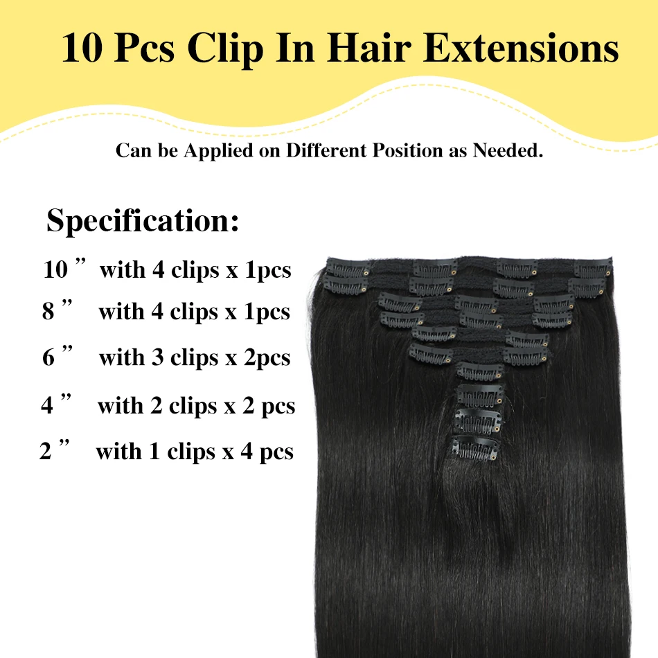 YELO 160-200 Grams Brazilian Clip in Hair Extensions Real Human Hair 10Pcs Silky Straight Clip ins Full Head 18-28 Inches