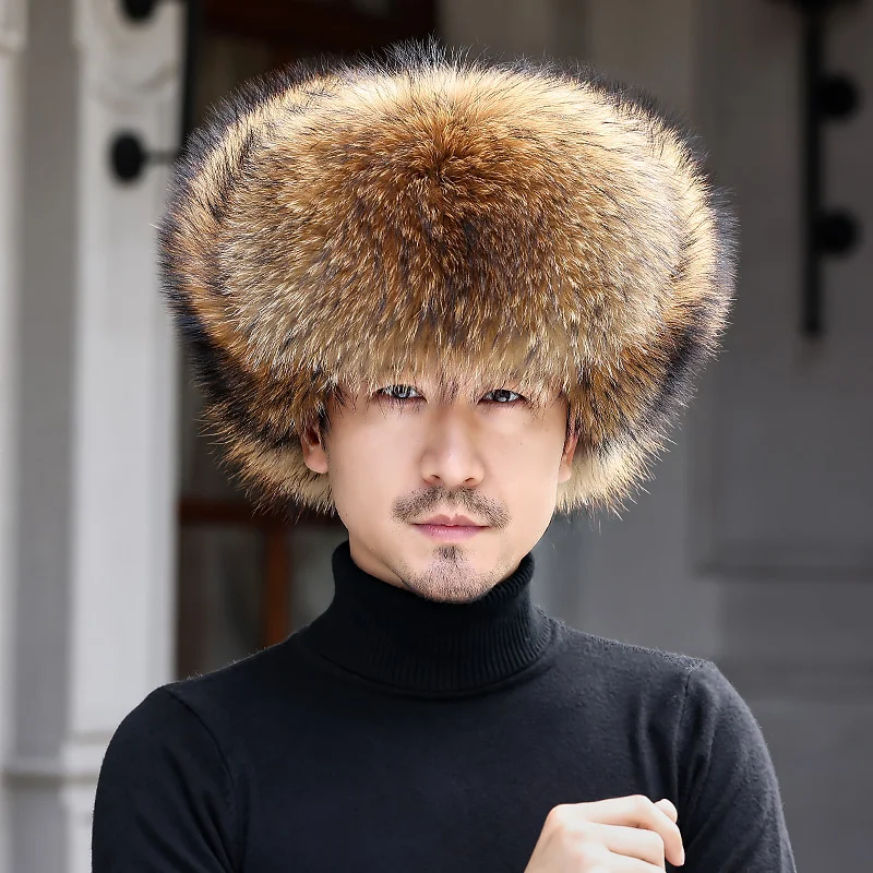 New Hat For Men Winter Natural Real Fox Fur Bombers Hats Outdoor Windproof Raccoon Fur Cap Man Luuxry Real Sheepskin Leather Hat