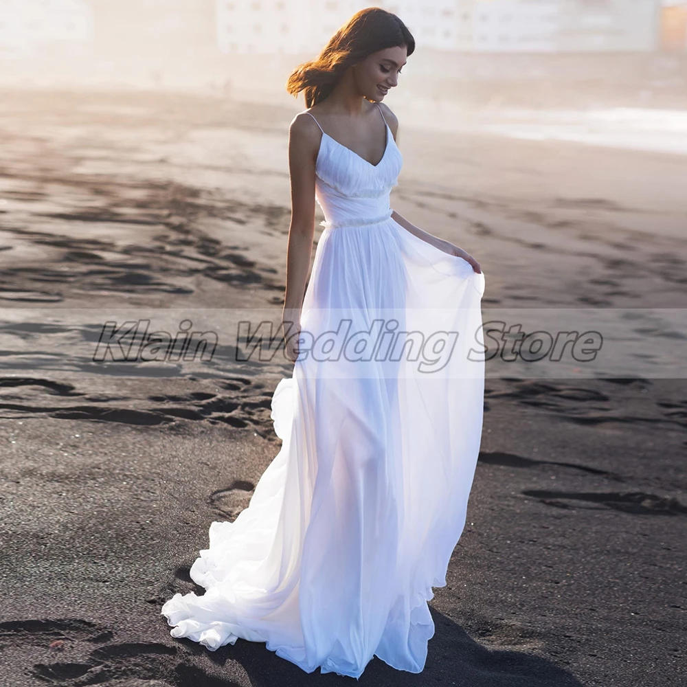 

Beach Wedding Dress for Woman Classic V Neck Brides Spaghetti Straps Sexy Backless Court Train Chiffon Bridal Gowns Custom Made