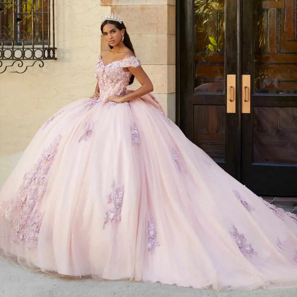 

Роскошное платье с аппликацией для Quinceanera, со съемными прозрачными рукавами, женское бальное платье принцессы с бантом на спине и шлейфом, платья 15 лет