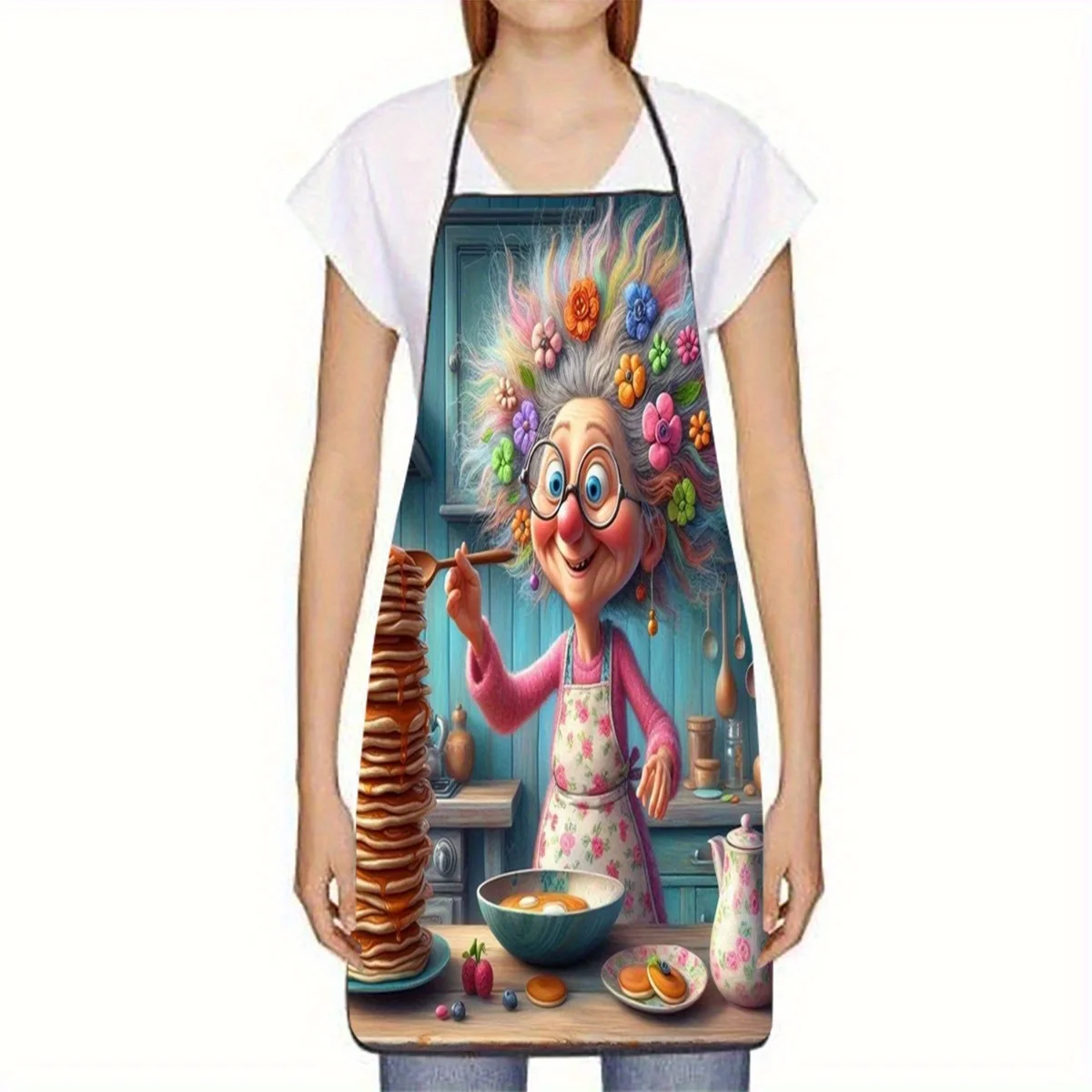 1 Piece of Fun Retro Design Apron Featuring Grandma and Pancakes, Unisex, Suitable for Crafts, Baking, Painting, Cleaning, Cooking, Chef, Waiter, Cafe, and Barbecue Apron, 21.7× 28.7inch , Perfect Holiday Gift Idea for Family and Friends