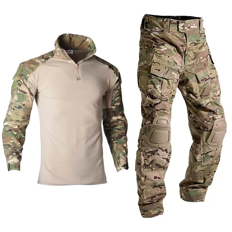 Outdoor Airsoft Uniform Paintball Odzież męska Taktyczne koszule bojowe Camo Cargo Spodnie + Nakolanniki Garnitury Odzież myśliwska — zdjęcie 2