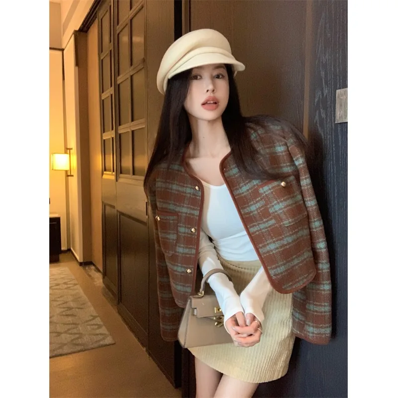 Women's Autumn Winter New Fragrant Coat Thick Tweed Single Breasted OL Long Sleeve Jackets