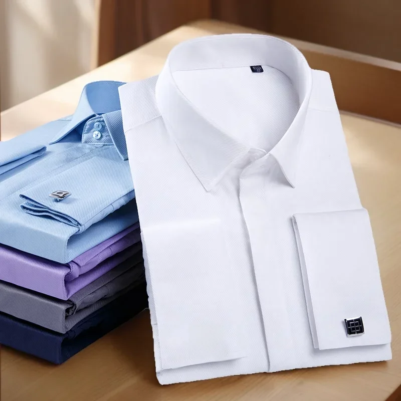 Heren Frans manchetknoopoverhemd met lange mouwen, slim fit, verborgen knopen, effen kleur, high-end trouwjurk, formeel heren - afbeelding 2