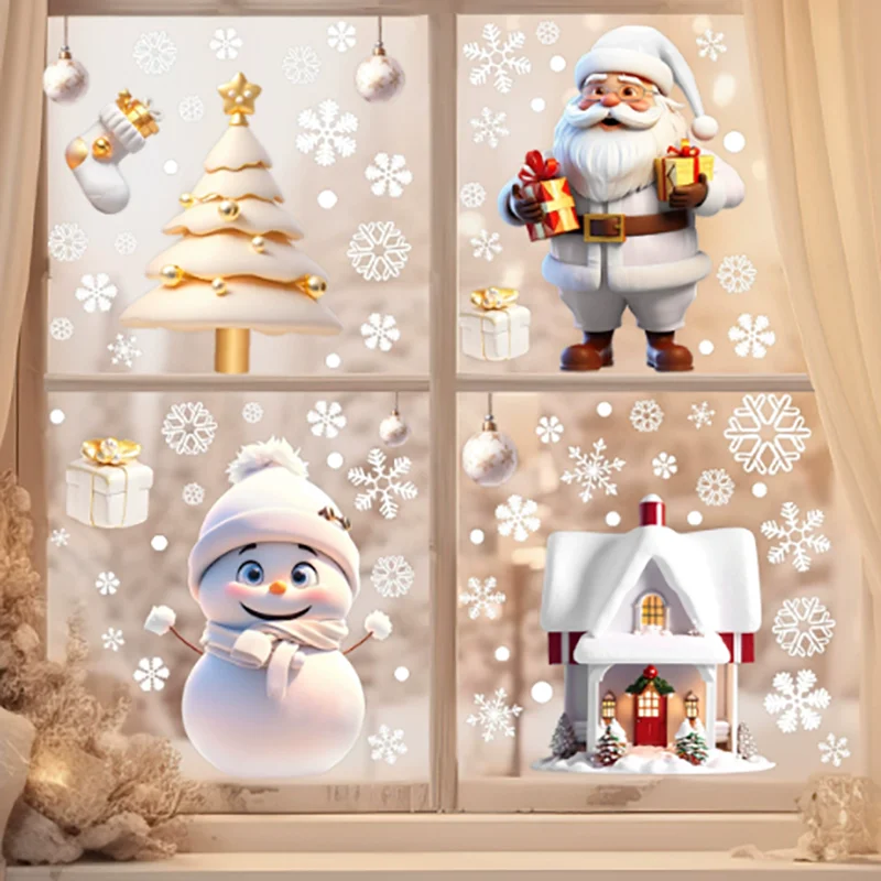 Cartoon Santa Claus Snowman Snowflake Wall Stickers Glass Window Static Wall Stickers PVC Home Room Decoration Stickers