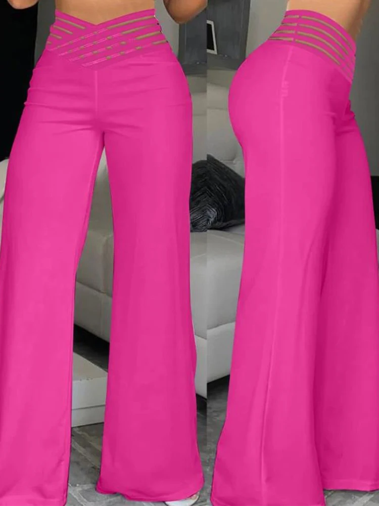 Women Elegant Wide Leg Flared Pants Y2K Fashion Causal High Street Pants Crisscross Sheer Mesh Patch Design Office Lady Trousers