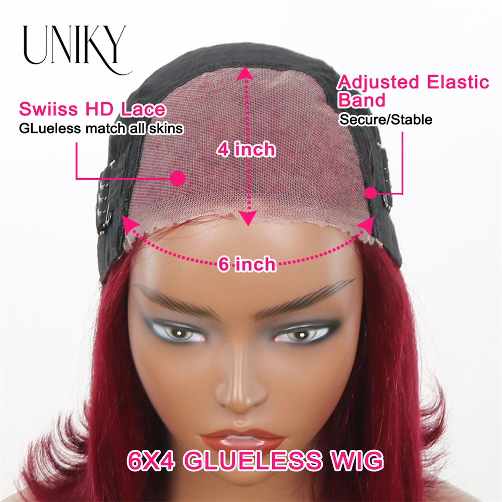 Unikyhair-شعر مستعار بوب قصير مستقيم بدون غراء ، إغلاق دانتيل ، شعر بشري ملتف مسبقًا ، إغلاق دانتيل ، جاهز للذهاب ، HD ، 6x4