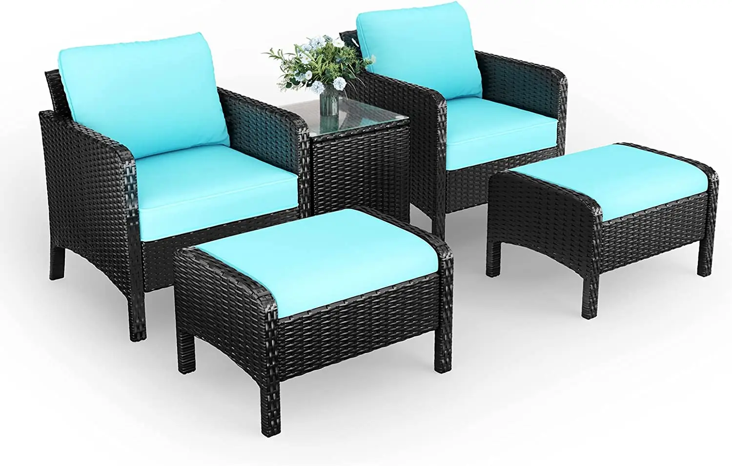 5 Pieces Patio Furniture Outdoor Conversation Chatting Chair Set with Footstool and Side Table for Lawn Garden Balcony Yard