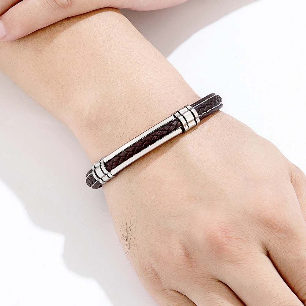 TYO Fashion Woven Genuine Leather Metal Stainless Steel Safety Buckle Bracelet Men Bangle Accessory Daily Wear Gift Dropshipping — zdjęcie 7