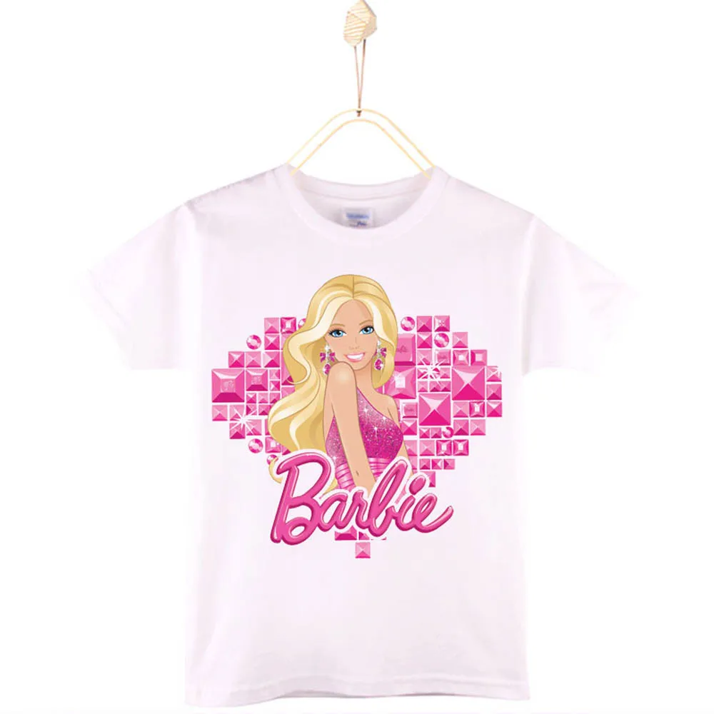 2024 New Summer Barbie Printing Girls' Short sleeved T-shirt 100 Cotton O-Neck Cute Children's Tee Shirts  Girls' Casual Top