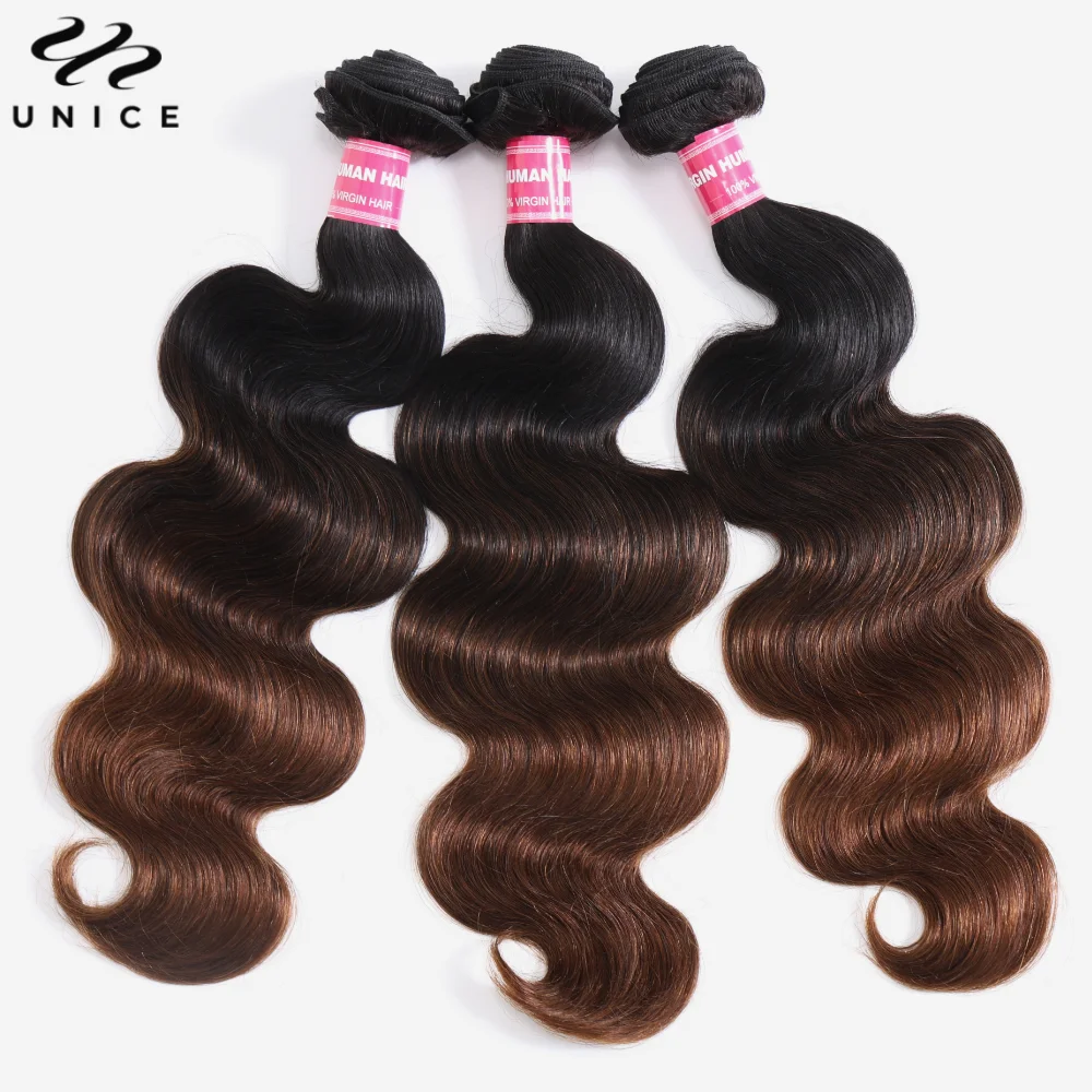 UNice rambut Dark Root Ombre coklat tubuh gelombang rambut manusia bundel 3/4 PCS menangani menjahit pada tenun bundel 100% rambut manusia 8-26 inci