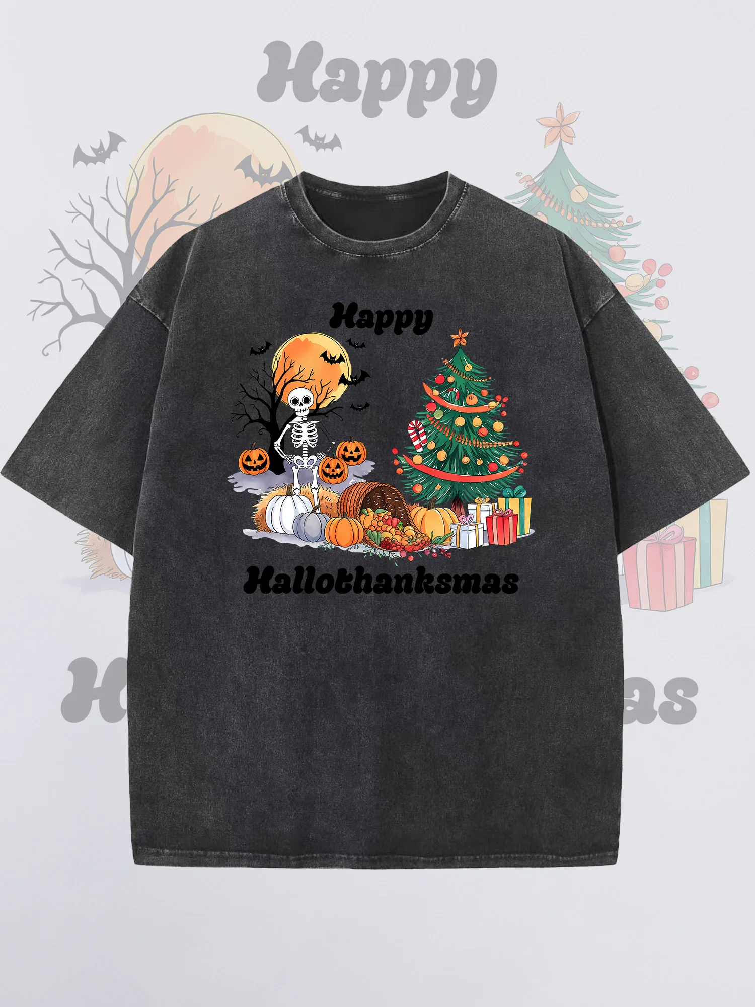 

Men's T-Shirts Merry Christmas Printed Black Short-Sleeved Round Neck Loose Summer 100% Cotton Acid-Washed Finish Christmas