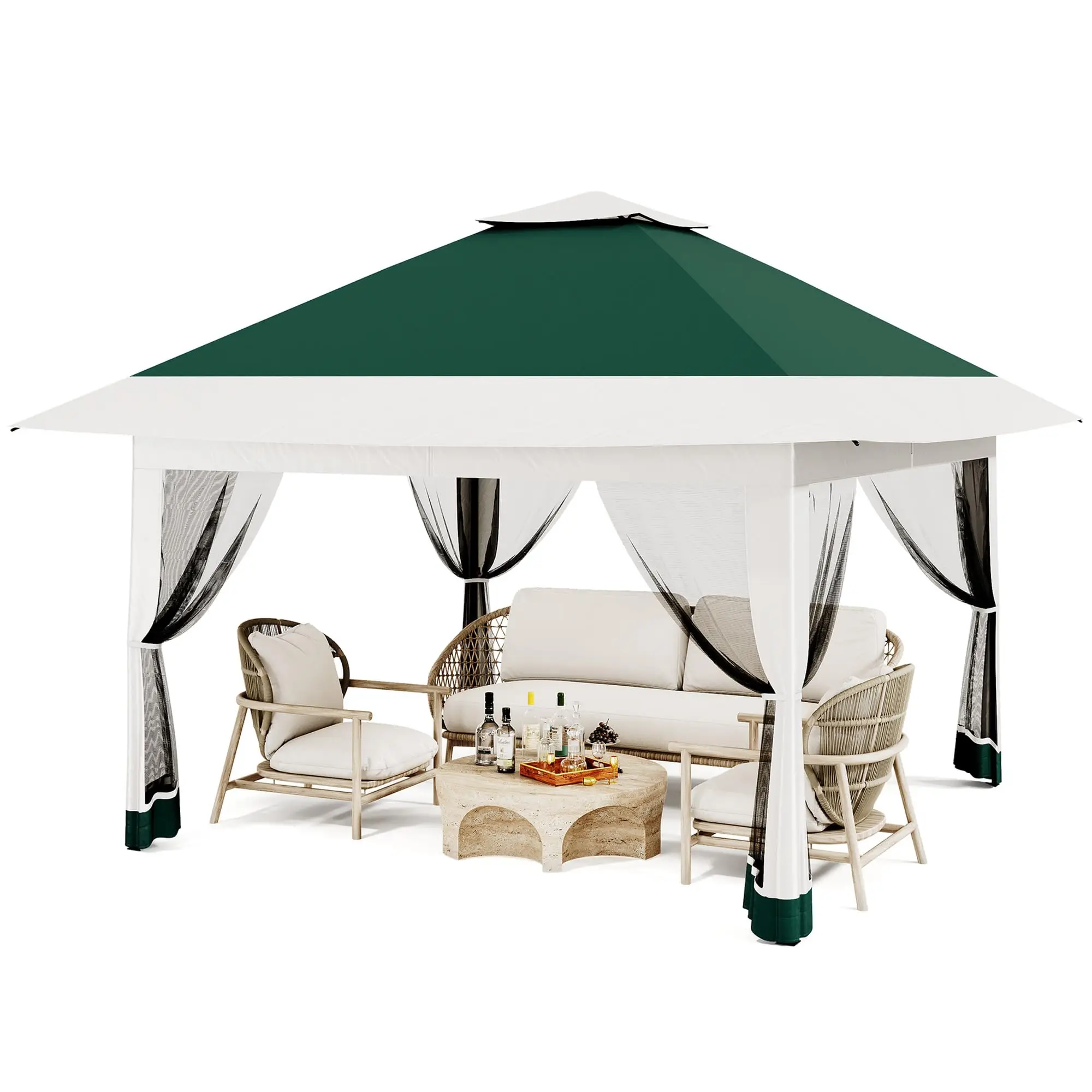 Pavillon de jardin 3,6x3,6 m avec un toit double ventilé, pavillon pliant avec moustiquaire, hauteur réglable, tissu certifié CPAI-84, système de stabilisation amélioré