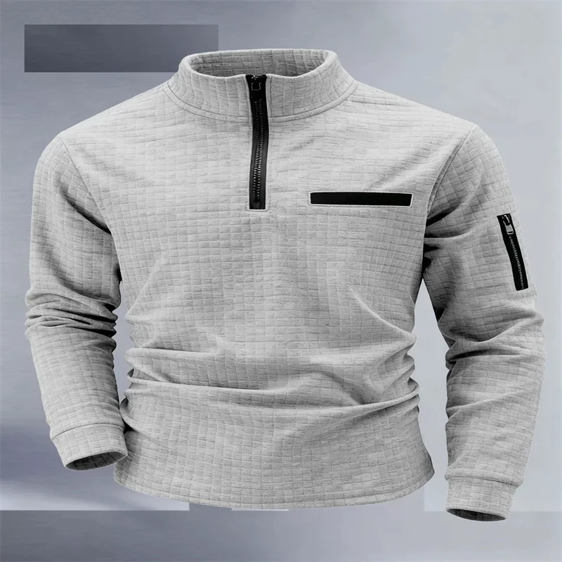 

Men's Golf Shirt for Spring and Autumn: High-neck, plaid, sleeve pockets, zipper, stylish sporty long-sleeved polo shirt