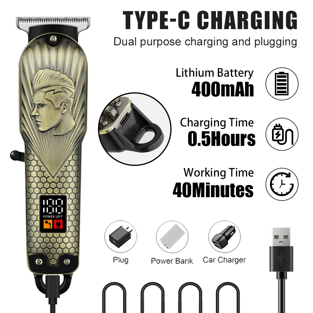 HIENA ماكينة قص الشعر البرونزية منخفضة الضوضاء ماكينة حلاقة الشعر الكهربائية للرجال USB شحن ماكينة حلاقة اللحية