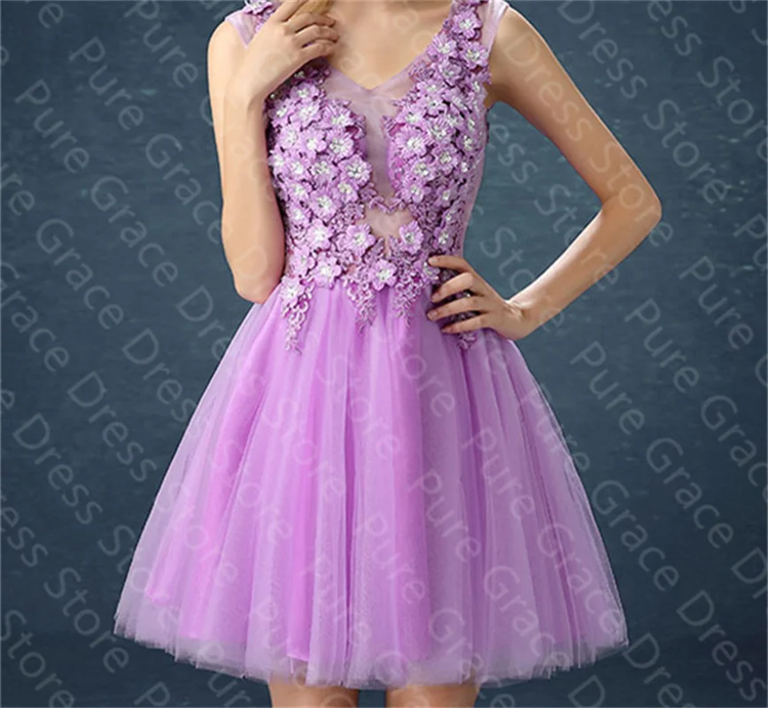 

Cute Prom Short Lilac Graduation Flower Tulle Homecoming Dress Applique V Neck Party Mini Dress Cocktail vestidos coctel elegant