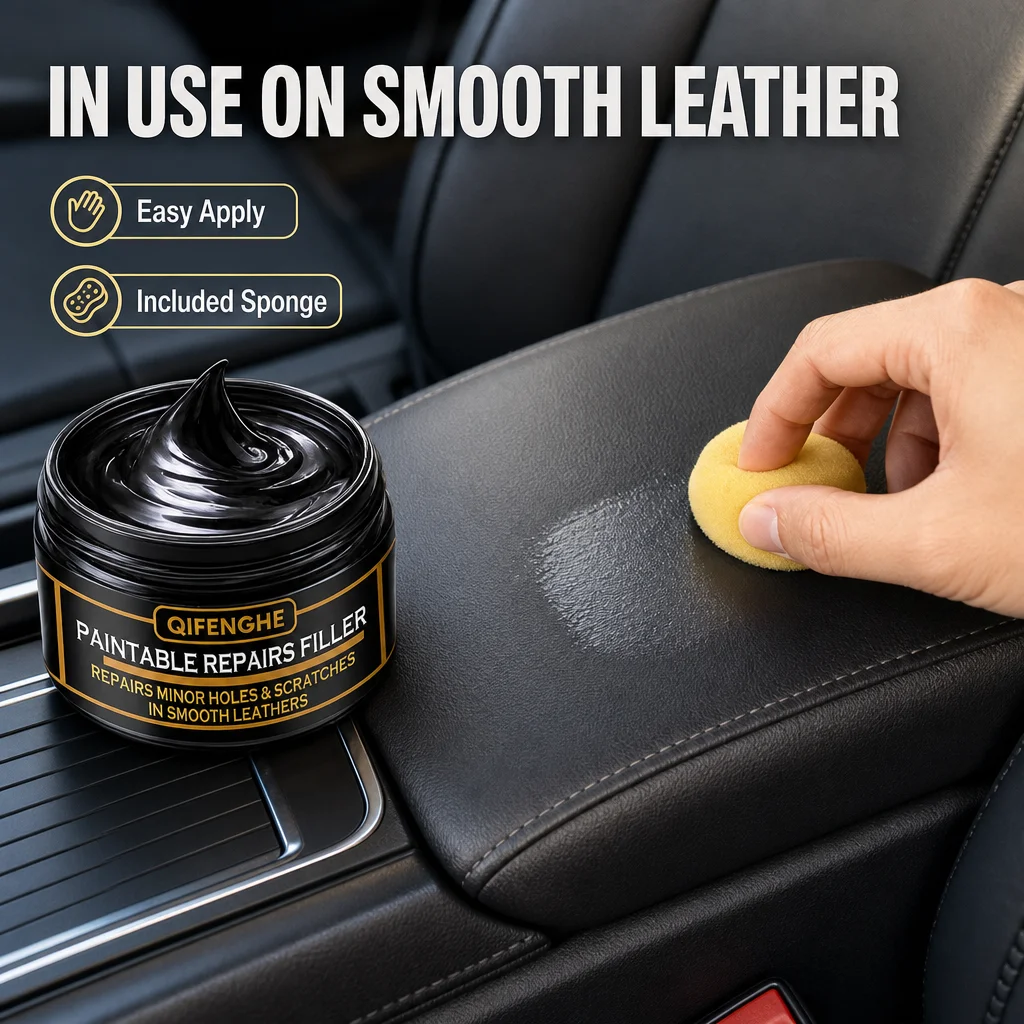 Leather Repair Filler Paintable QIFENGHE Smooth Leather Scratch Hole Repair Cream with Free Sponge for Car Seat Sofa Jacket Bag