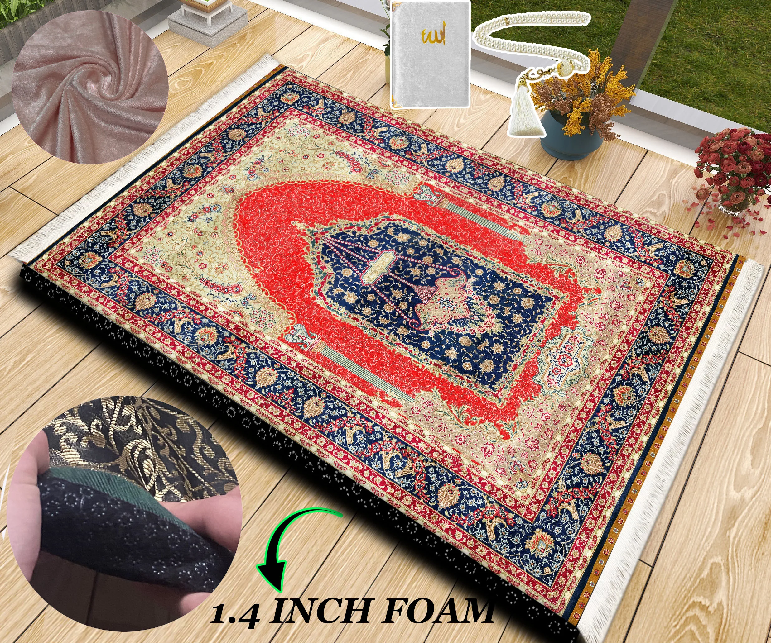 

Extra Thick Foam Padded Turkish Red Oriental Prayer Rug, Yaseen, Soft Praying Mat Carpet & Pearl Tasbeeh, İslamic Gift Set