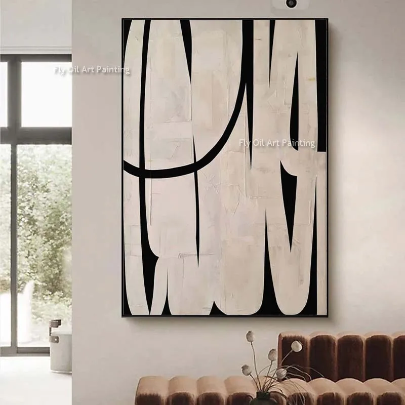 Black And White Abstract Line Art Oil Canvas Painting Modern Wall Line Abstract Handmade Black And Beige Minimalist Art Decor
