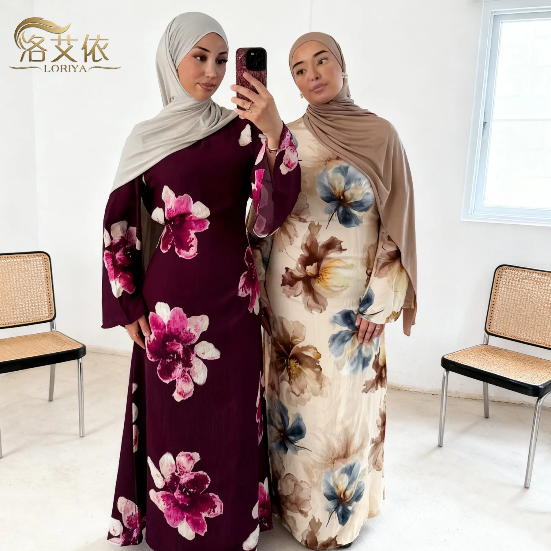 A Printed Dress a Line Elegant Business with Stand Collar Maxi Length Pullover Office Style Long Sleeve Casual Winter for Women