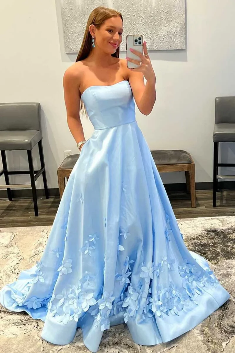 Jessica Handmade 3D Flowers Evening Dresses Sky Blue Prom Dresses Off-shoulder satin Women Wedding Party Dresses Customized