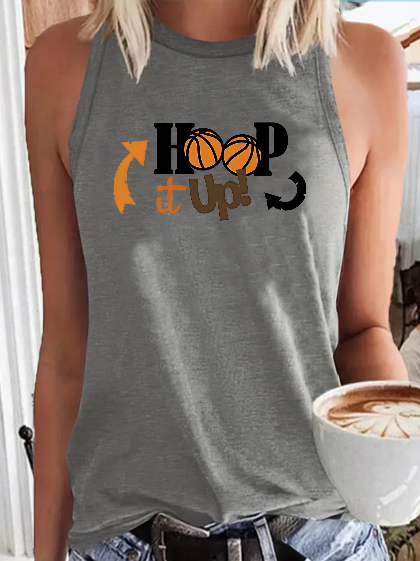 Hoop It Up Basketball Letter Print Fashion Funny Sports Women's Tank Top Loose O Neck Sleeveless Casual Tank