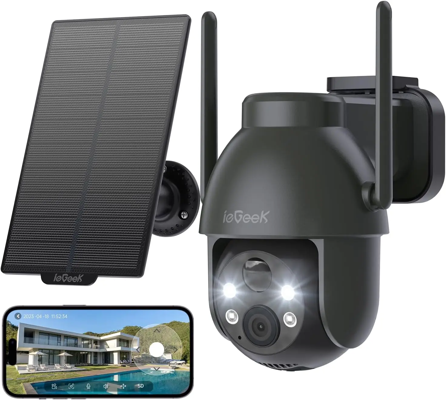 Cámara de Seguridad Solar Inalámbrica ieGeek 2K para Exteriores, 360 ° Cámara CCTV WiFi con Panel Solar, Visión Nocturna en Color, Detección de Movimiento PIR, Audio Bidireccional, Compatible con