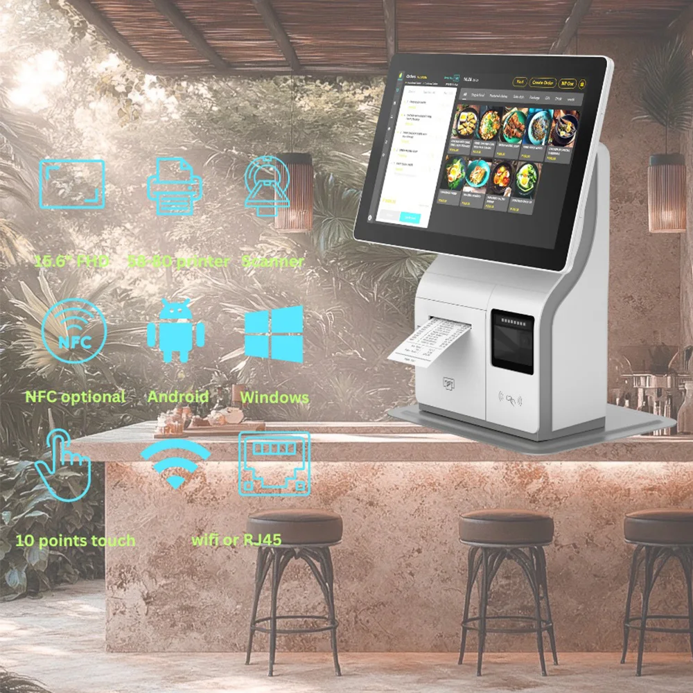 Self Service KIOSK 15,6" FHD, Android ou Windows com Impressora, scanner, tela sensível ao toque de 10 pontos, Android ou Windows