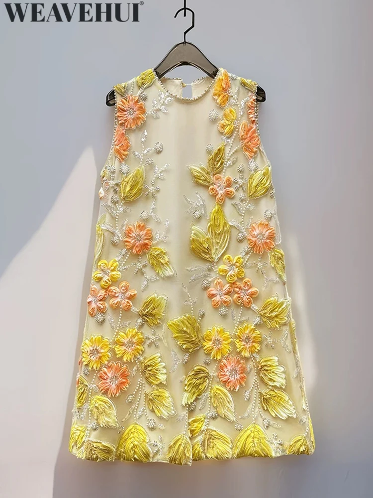 WEAVEHUI Women Sweet O-Neck Sleeveless Beading Sequins Three-dimensional Petal Summer New model Mini Vest Dresses