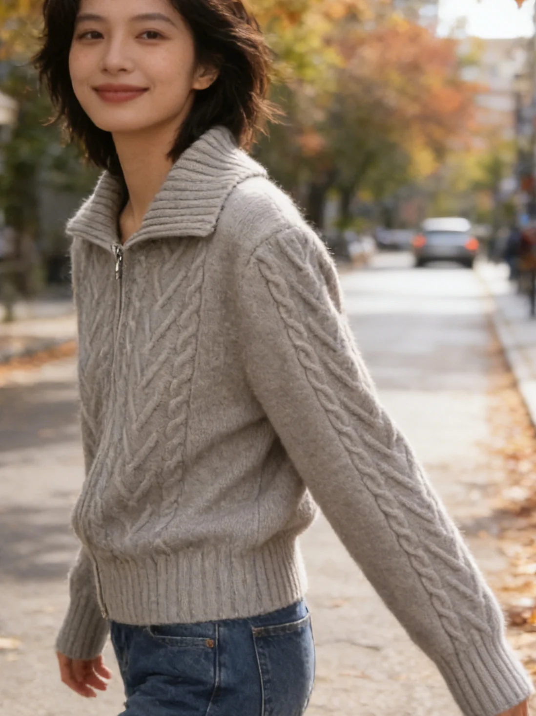 

Осенне-зимний вязаный кардиган на молнии, однотонный, элегантный свитер-жакет с узором косы, высококачественный свободный женский вязаный кардиган.