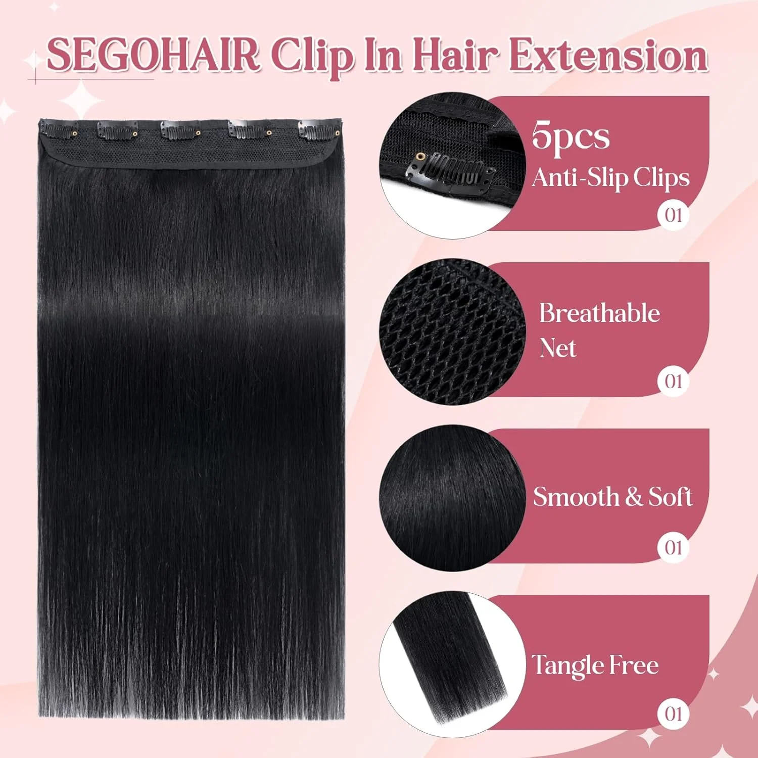 #1B Black Clip In Hair Extensions for women One Piece 5 Clips Real Human Remy Hair Extension Straight Hair pieces