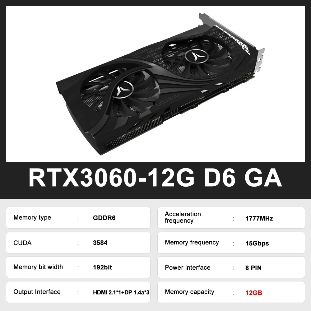 بطاقة رسومات YESTON مستعملة GDDR6 NVIDIA rtx 3060 12G بطاقات فيديو GPU للألعاب rtx 3060TI rtx3050 rtx3070 rtx3080 placa de video #3