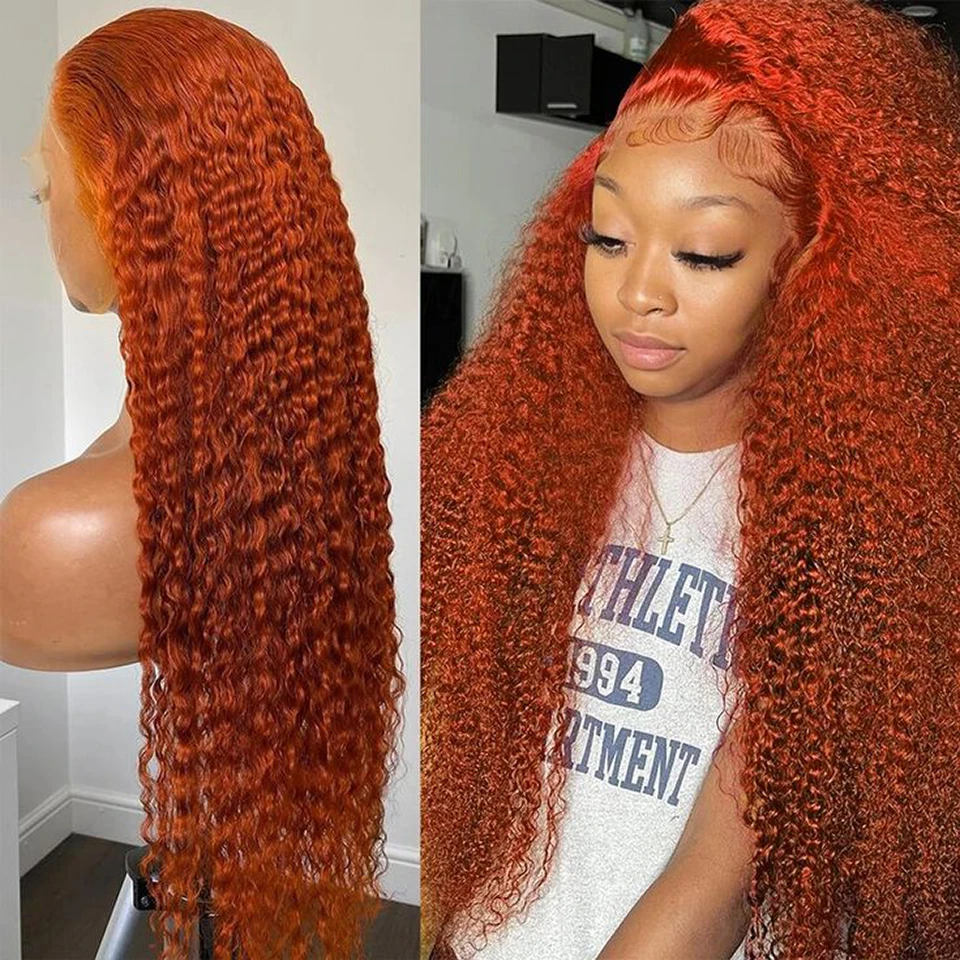 Peruca dianteira do laço HD transparente para mulheres, onda profunda, cabelo humano remy, cor laranja gengibre, 200 densidade, 13x6