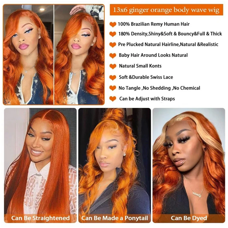 36 Inch Ginger Orange Body Wave 13x4 Lace Frontal Wig 200 Density 13x6 #350 Colored Wavy Lace Front Human Hair Wig For Women