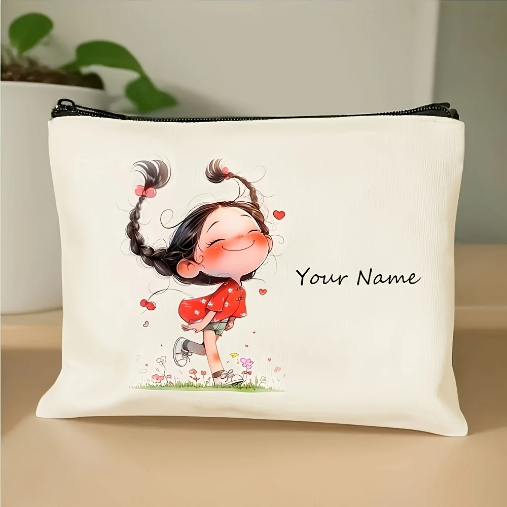 Personalized Vintage Cartoon Cosmetic Bag Custom Name Smooth Zipper Multi-use Travel Stationery Shoulder Storage Gift Pouch