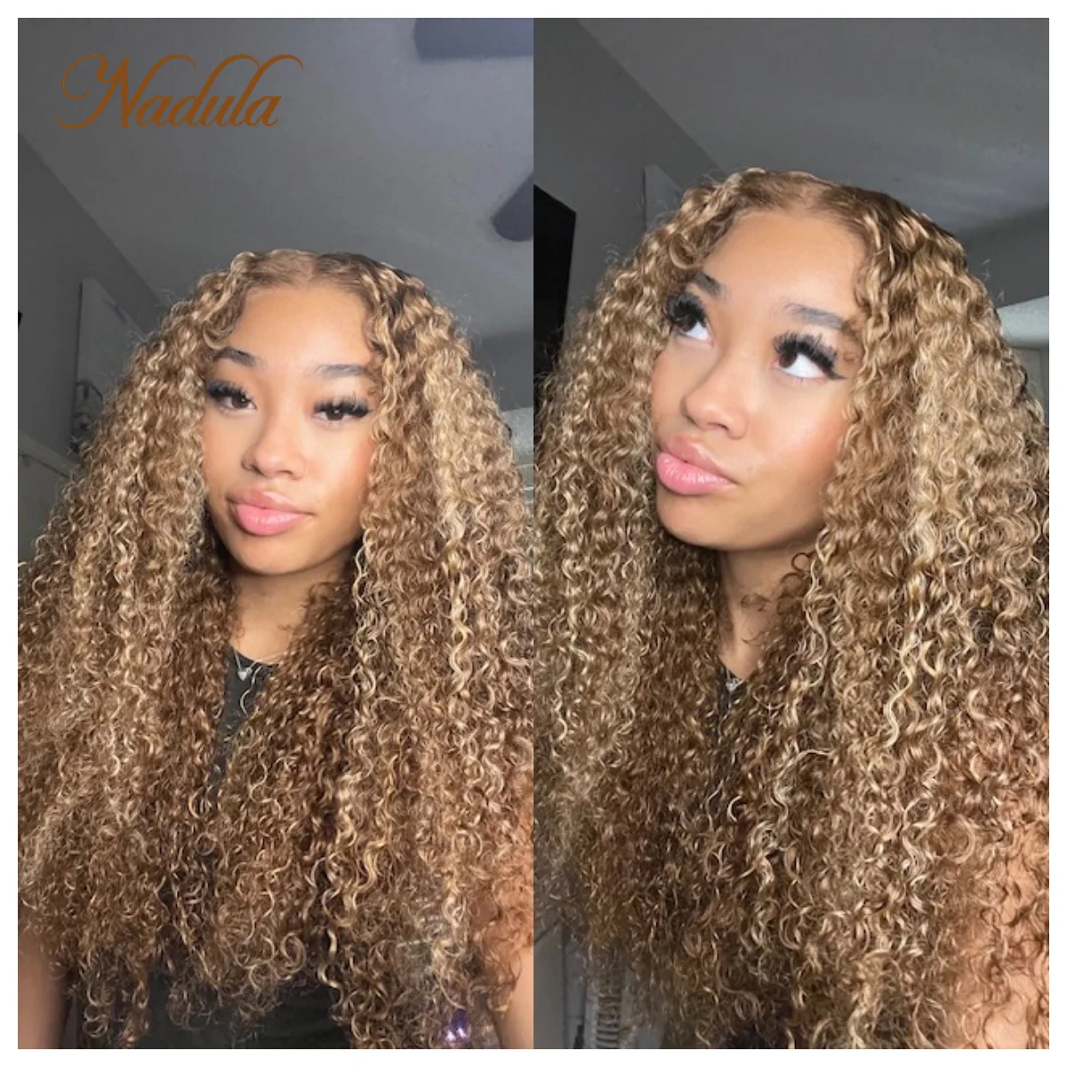 Nadula Hair First Ever Glueless 13x4 Frontal Highlighted Curly Pre Cut Lace Frontal Wig And Invisible Knots Honey Blond Hair