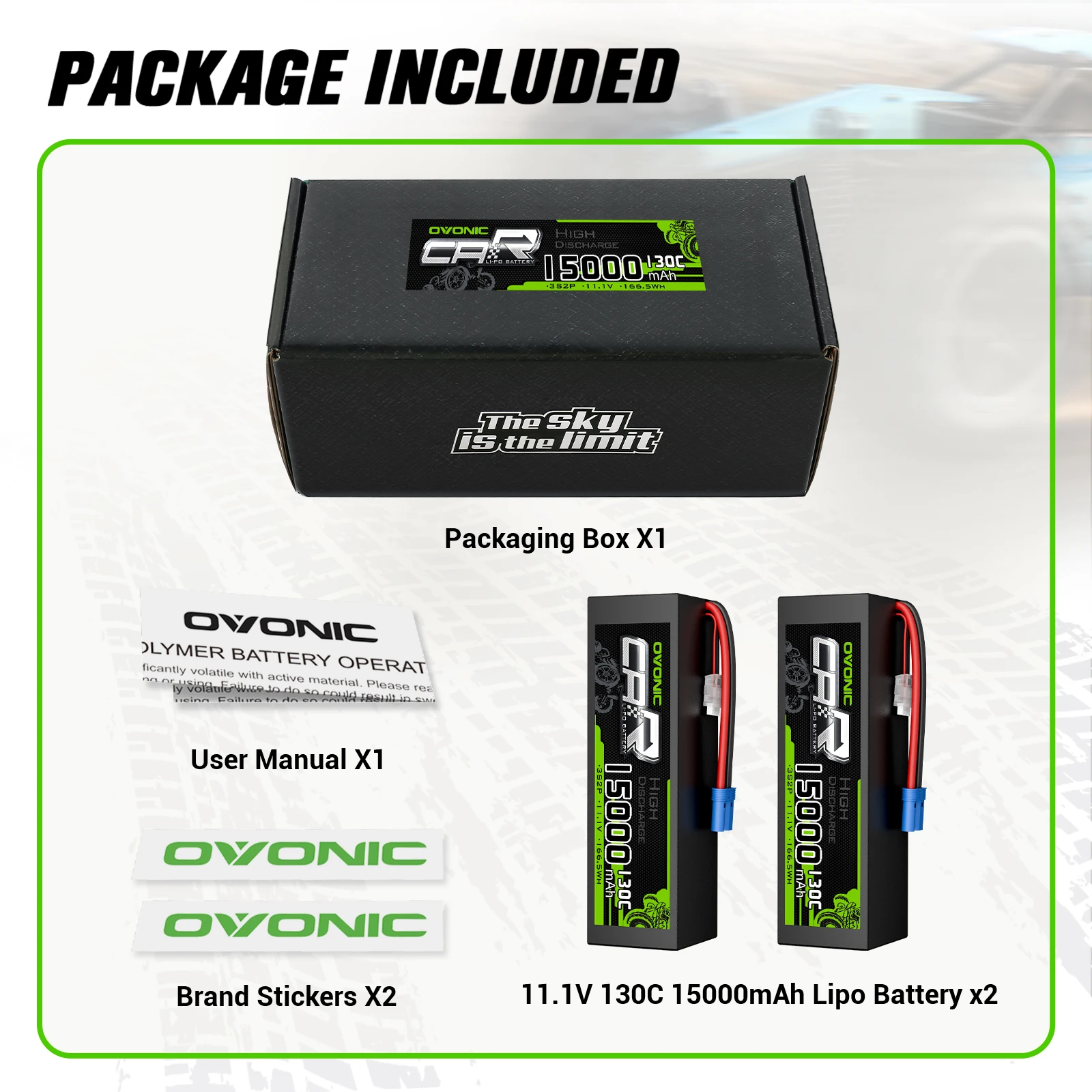 OVONIC 3S Hard Case LiPo Battery 11.1V 15000mAh 130C High Discharge EC5 Connector RC Battery for 1/8 1/7 RC Car Truck Off‑Road Vehicle (2 Pack)