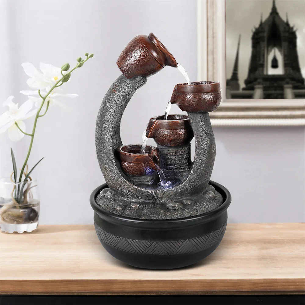 15.7 Inch High Indoor 4 Tier Bowl Rock Relaxing Tabletop Fountain Waterfall with LED Light for Home Office Interior Space Decor