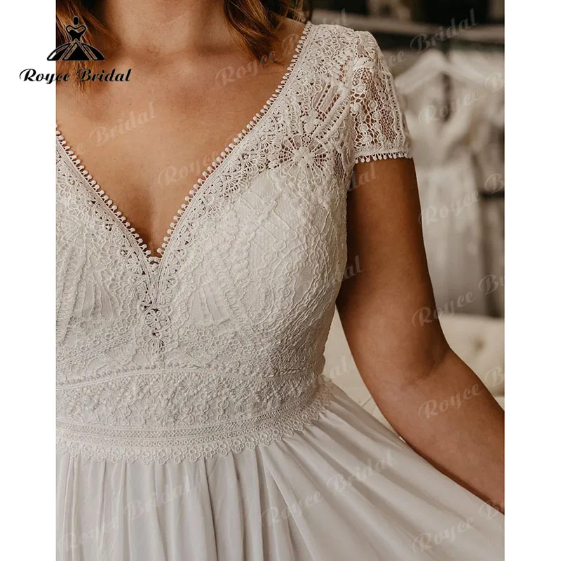 A Line Wedding Dress with Detachable Bow V Neck Short Sleeve Lace Bodice Chiffon Open Back Vestidos de Novia Plus Size Bridal