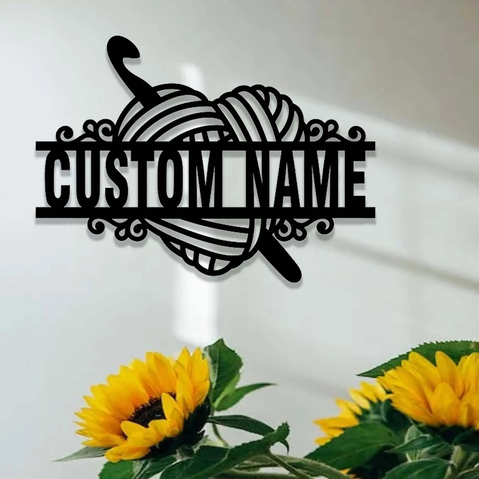 Custom Crochet Metal Sign,Personalized Knitting Name Sign,Ball Heart Yarn Hook Metal Wall Art,Quilting Craft Room Decor