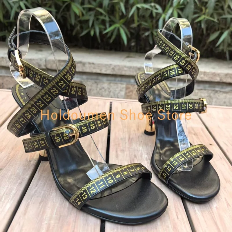 

Women's Novel Tape Measure Design Sandals Peep Toe Strange Style Heel Cross Ankle Strap Sandals Special Style Catwalk Sandals