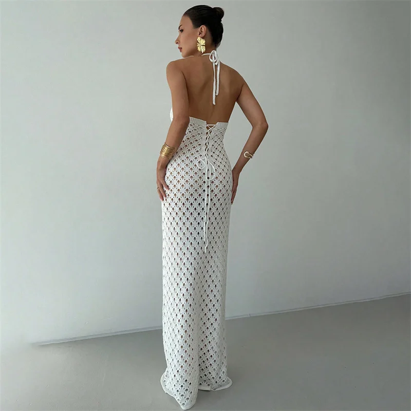Damen Neckholder, rückenfrei, Schnürung, langes, schmal geschnittenes Strickkleid, durchsichtig, gehäkelt, Strand-Bikini, Überwurf, Sommer-Badebekleidung