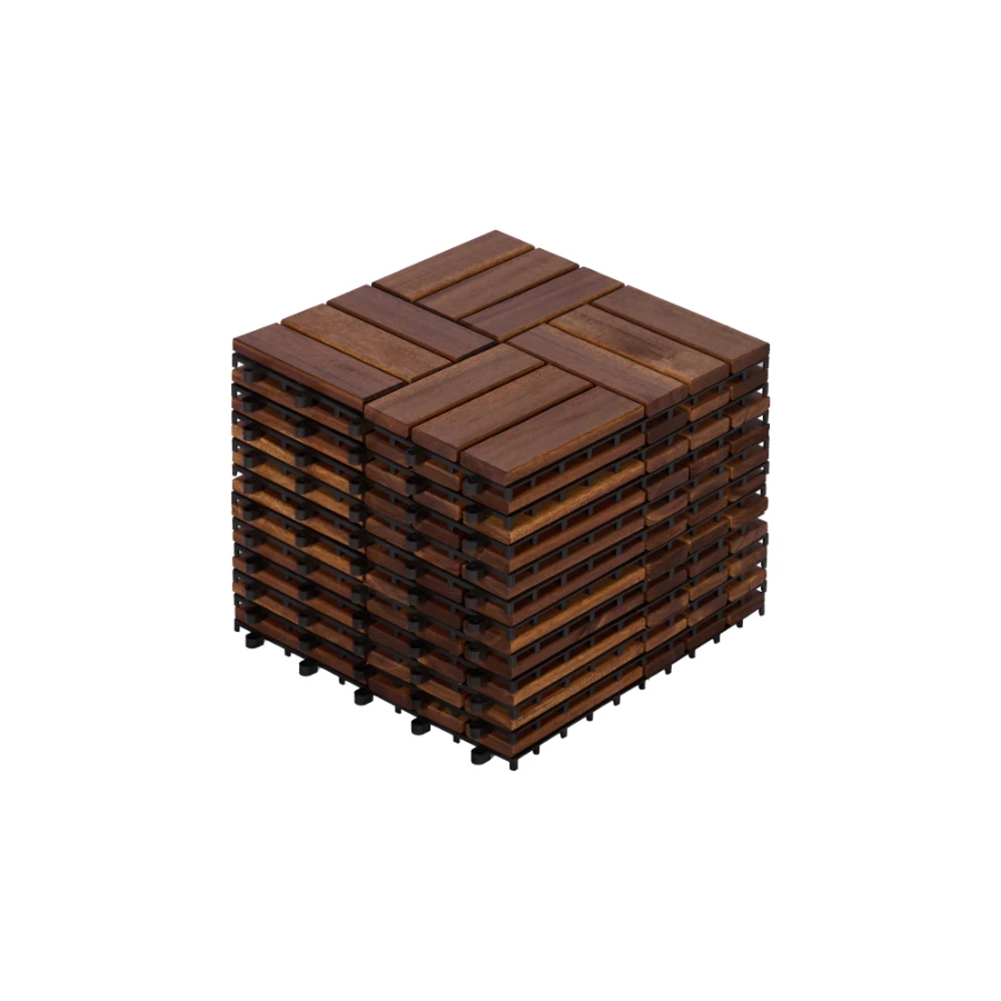 Dalles de terrasse en bois d'acacia (système à clipser), motif damier, 11 pièces (environ) 30x30 cm) - Carreaux en bois dur d'acacia brun pour patio, balcon, zone piscine, etc.