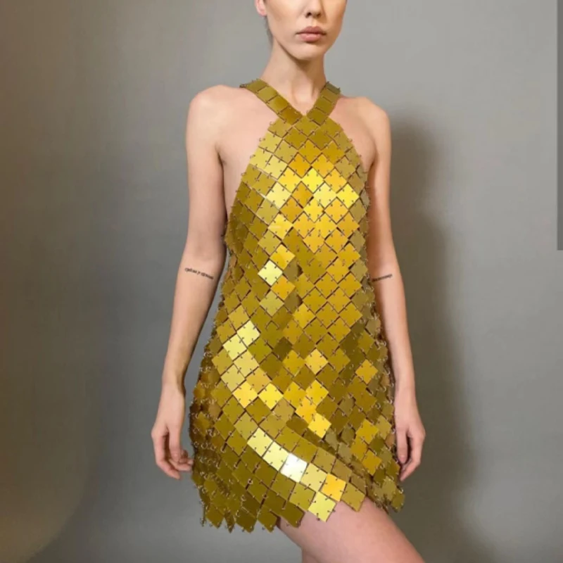 

Women Gold Sexy Sleeveless Backless Evening Party Dresses Silver Square Disc Chainmail Halter Mini Dress