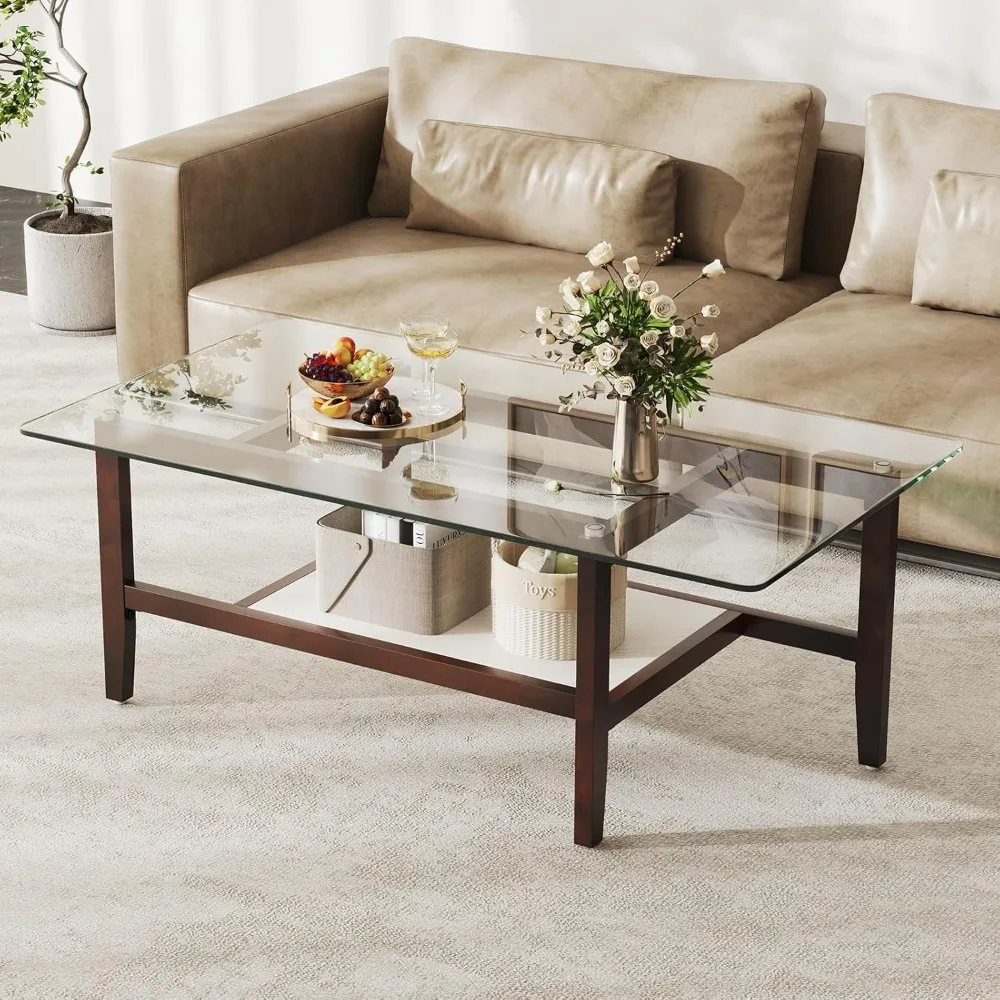 

Glass Coffee Table, 42” 2-Tier Rectangular Center Table with Storage Shelf & Solid Rubber Wood Legs, Modern Cocktail Table