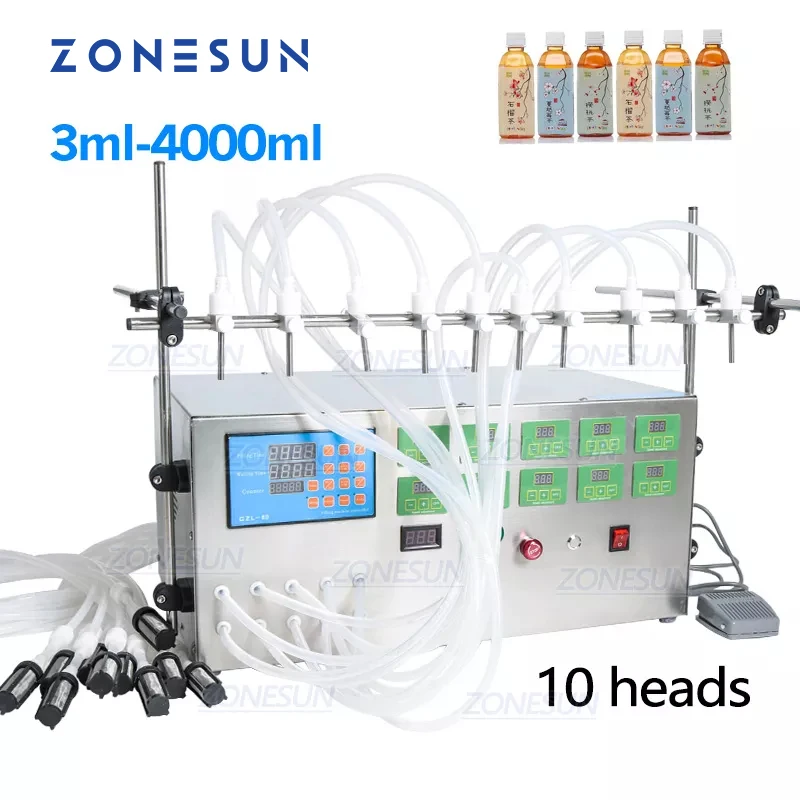 ZONESUN 10Heads Liquid Bottle Filling Machine Electric Digital Control Pump Water Bottle Beverage Essential Oil Soya Sauce Wine